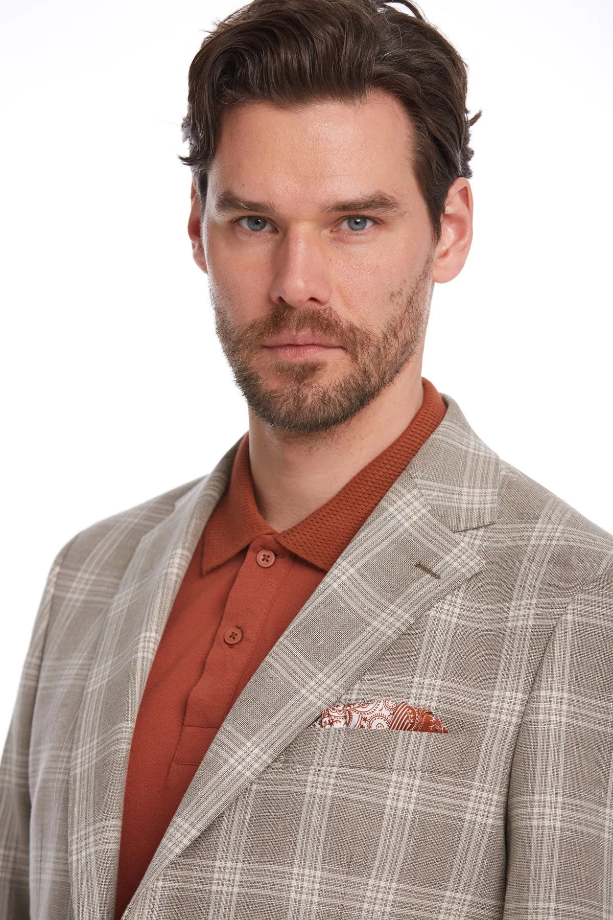 Slim Fit Plaid Wool & Linen Blend Light Brown Classic Blazer Utility Inspired Look Lightweight Polyester Blend