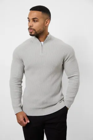 Fisherman Textured Half Zip Neck in Soft Grey Vision Glow