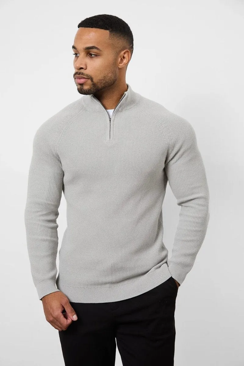 Fisherman Textured Half Zip Neck in Soft Grey Vision Glow