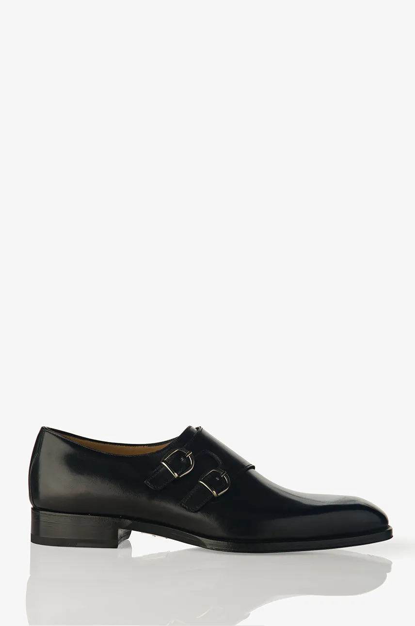 David August Leather Double Monk-strap Shoes in Nero Black Low Profile Soft Tone