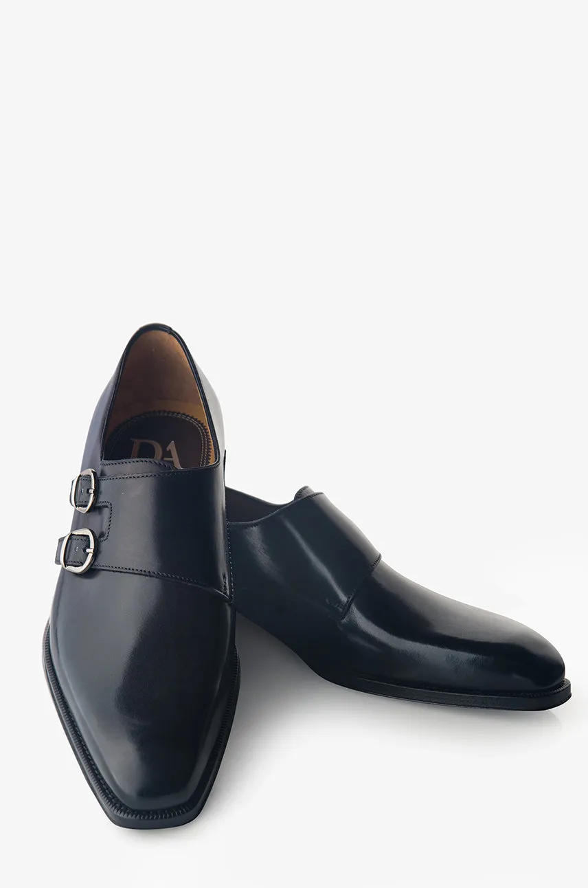 David August Leather Double Monk-strap Shoes in Nero Black Comfort Shank Icon Walk