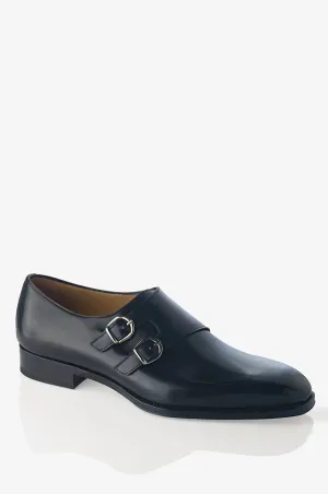 Mix Hue David August Leather Double Monk-strap Shoes in Nero Black