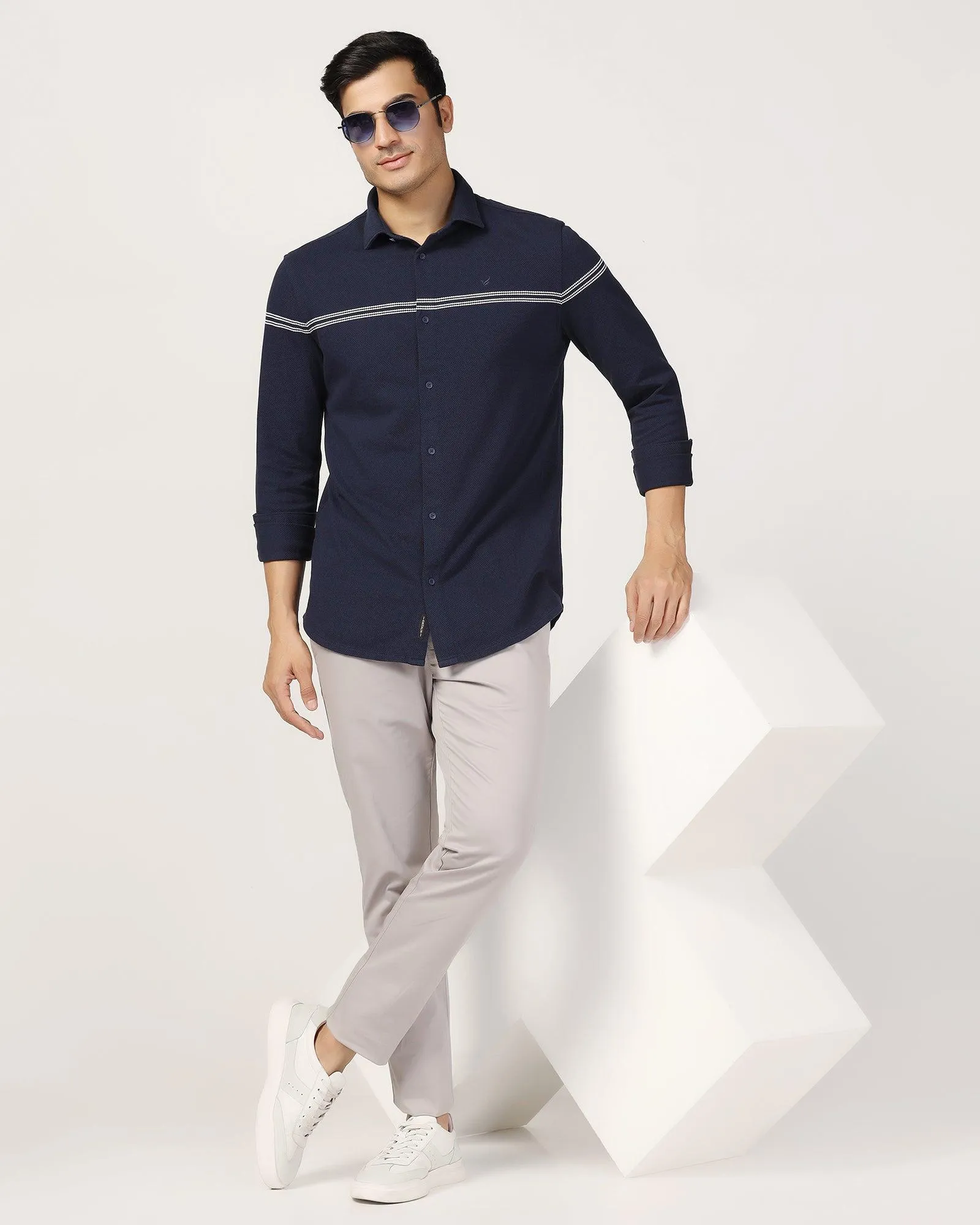 First Date Casual Navy Textured Shirt - Liv