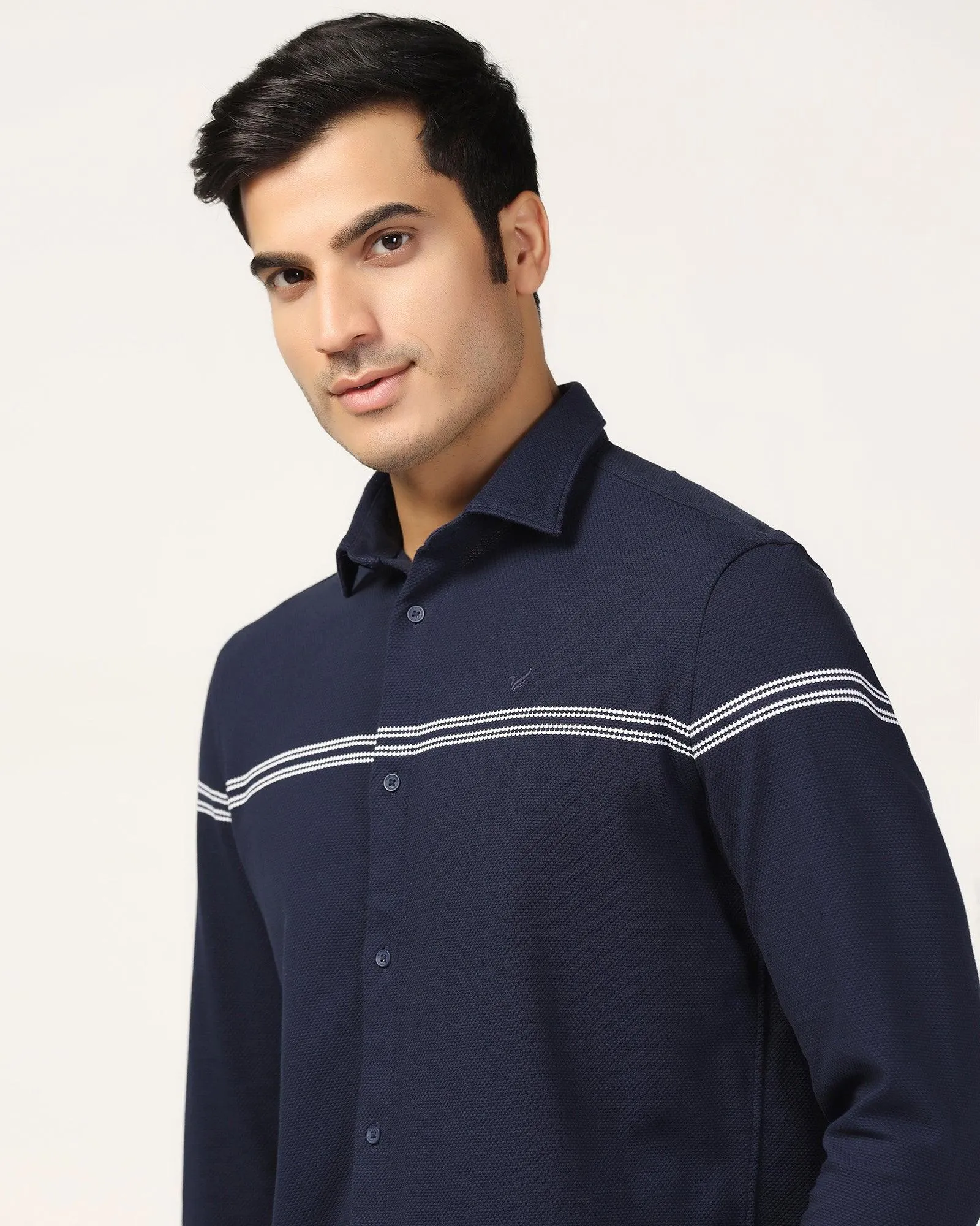Layered Collar Casual Navy Textured Shirt - Liv
