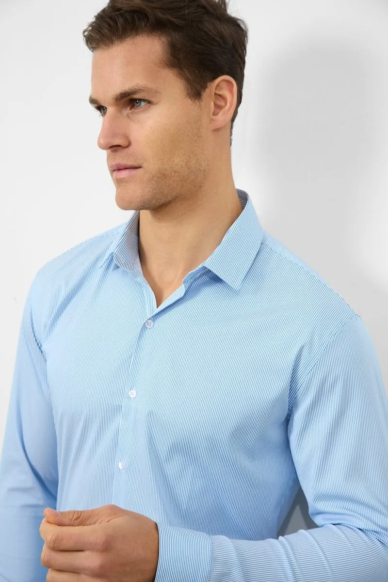 Daytime Look Tailored Cut Performance Business Shirt in Blue/White Bengal Stripe