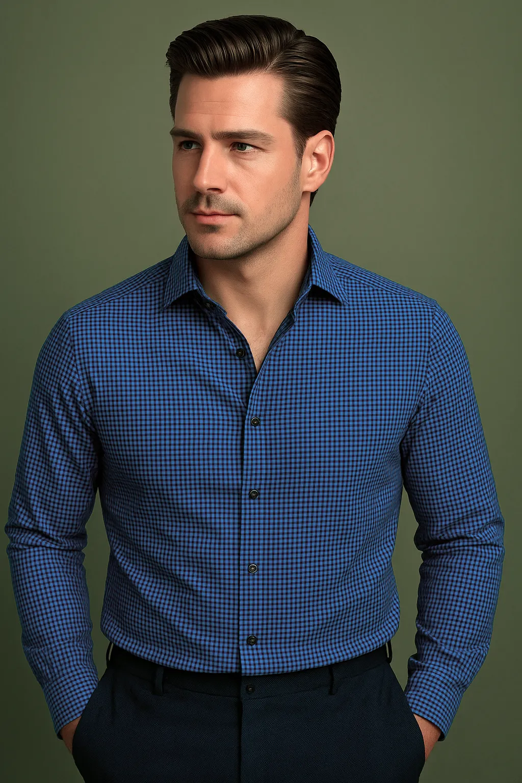 Black and Blue Micro Gingham Checks Shirt Tropical Glow Modern Look