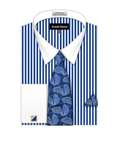 AVANTI UOMO STRIPED PATTERN WHITE COLLAR CUFF SHIRT DN126M BLUE Casual Wear Functional Wear