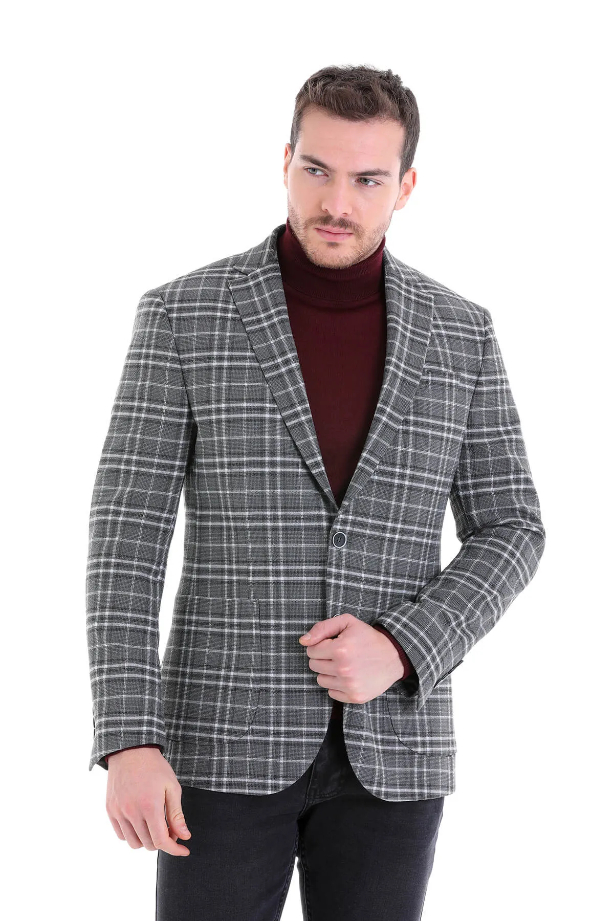 Weatherproof Zipper Tech Comfort Fit Notch Lapel Gray Plaid Classic Blazer