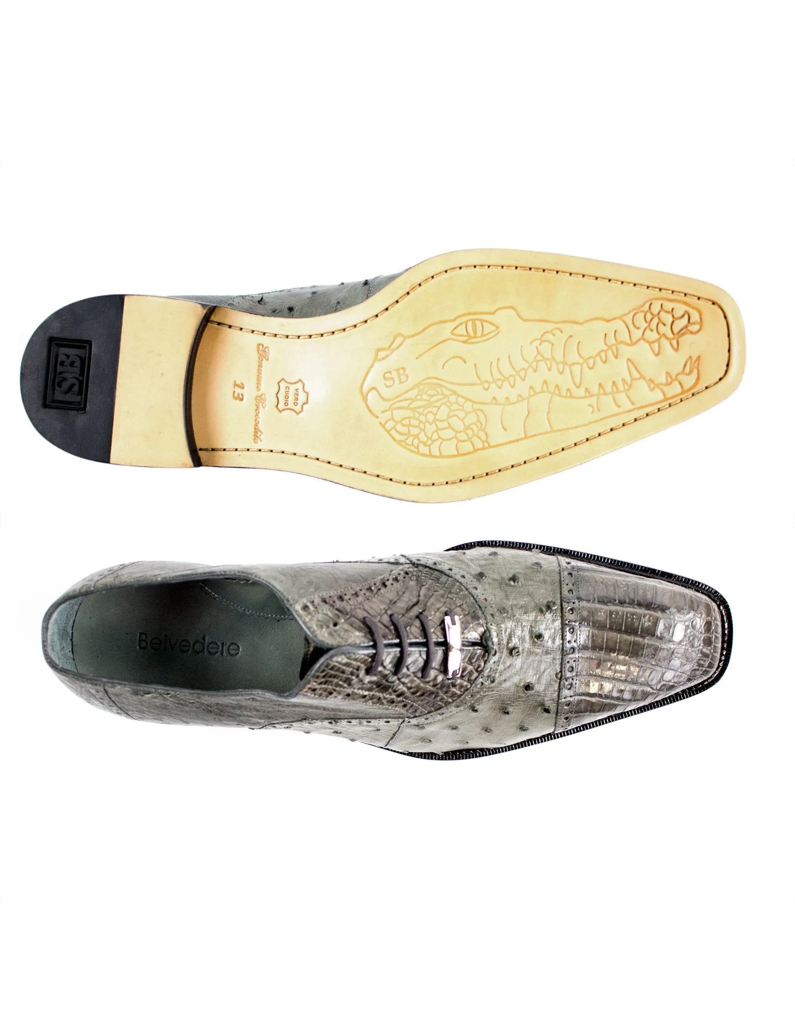 Belvedere - Onesto II, Genuine Ostrich and Caiman Crocodilus Dress Shoe - Gray - 1419 - IN STORE (SIZE 8.5, 14 and 15 ONLY) Casual Move Skin Soft