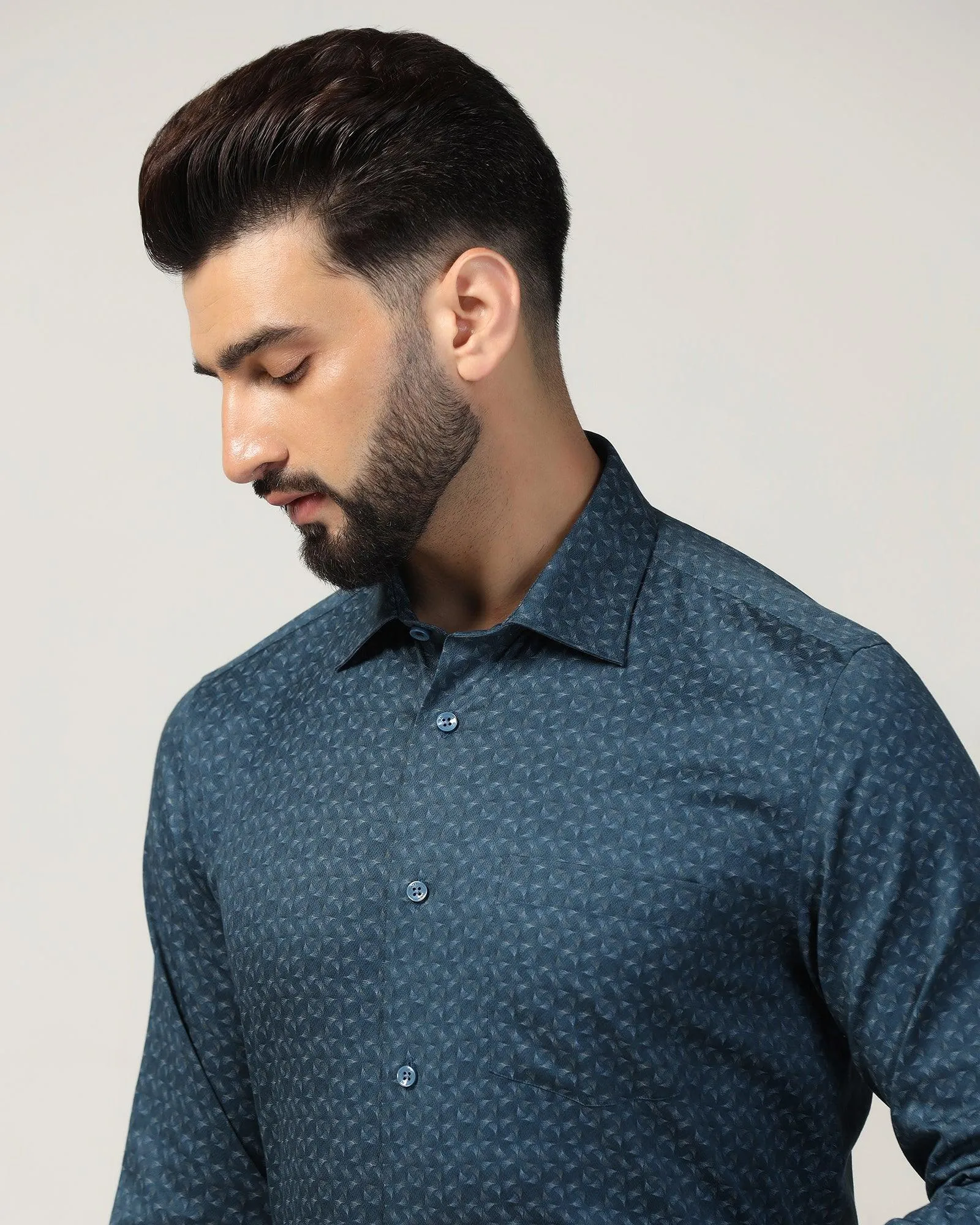 Temp Tech Formal Blue Printed Shirt - Mateo On-The-Go Style