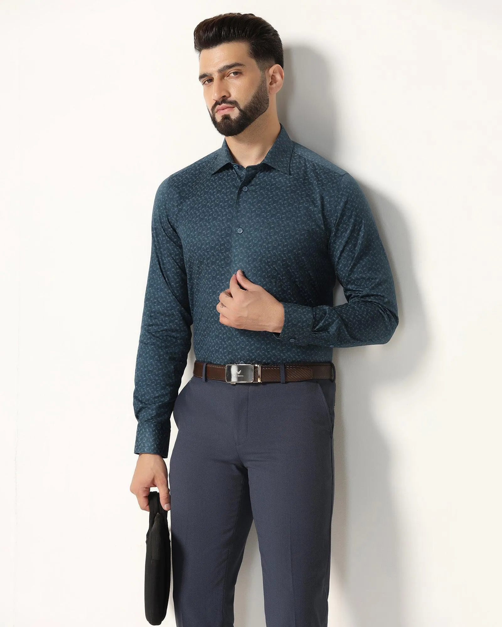Temp Tech Formal Blue Printed Shirt - Mateo Smooth Seam Finish All Purpose Weave Design