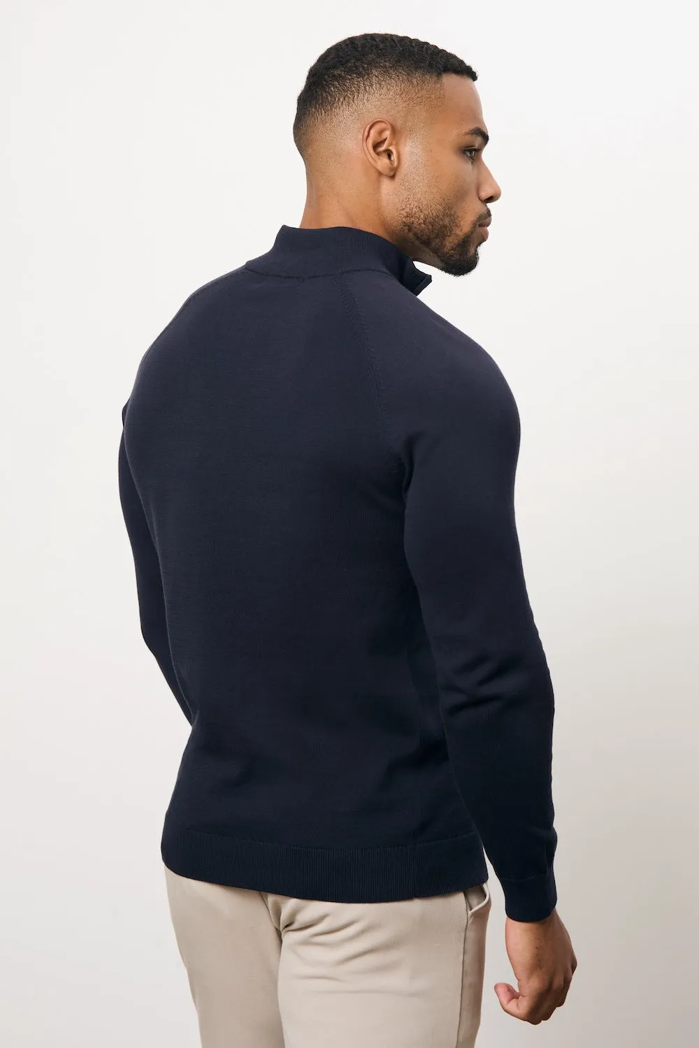 Light Fabric Pure Cotton Knitted Half Zip Neck Sweater in Navy