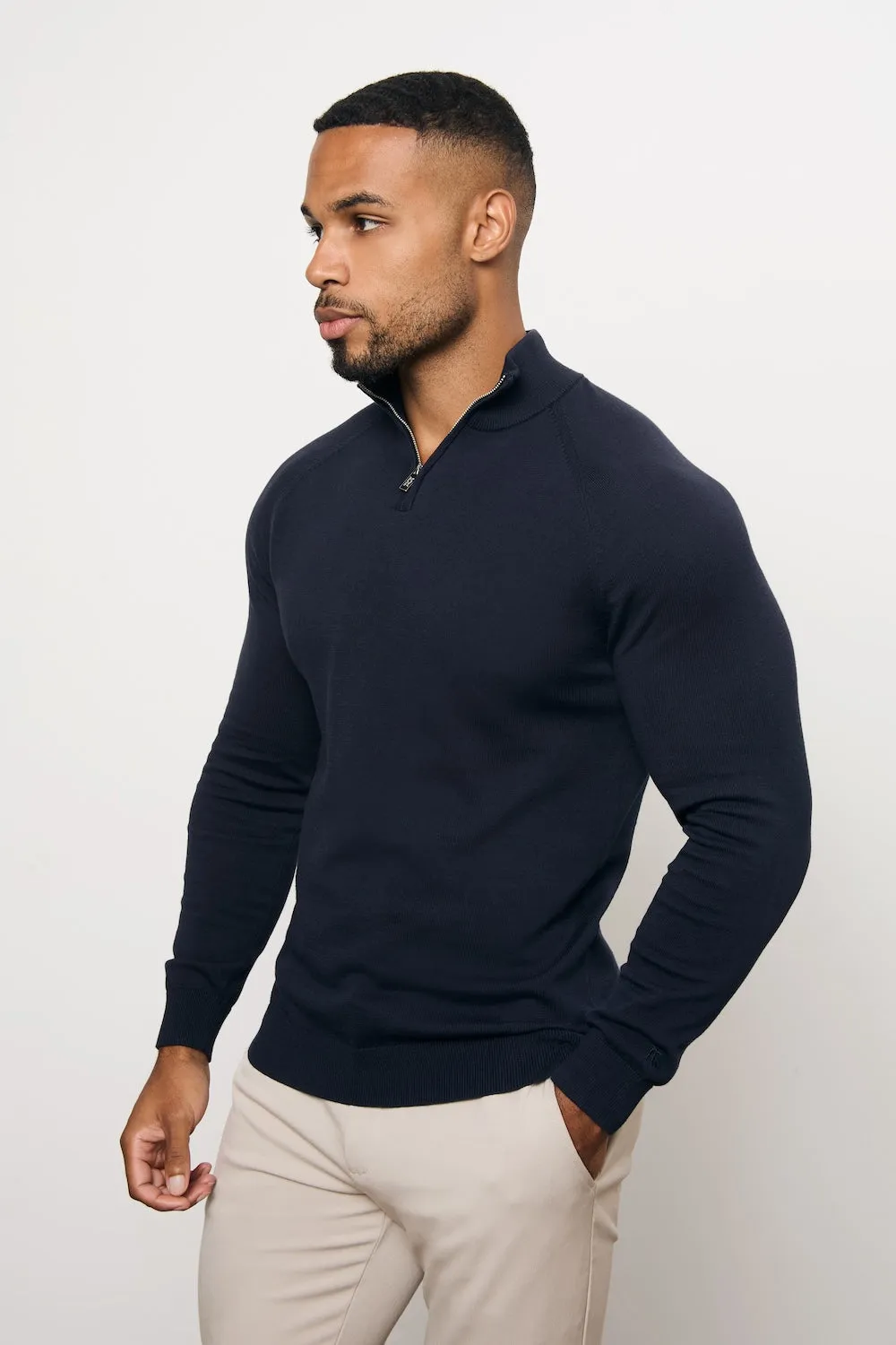 Casual Fashion Pure Cotton Knitted Half Zip Neck Sweater in Navy