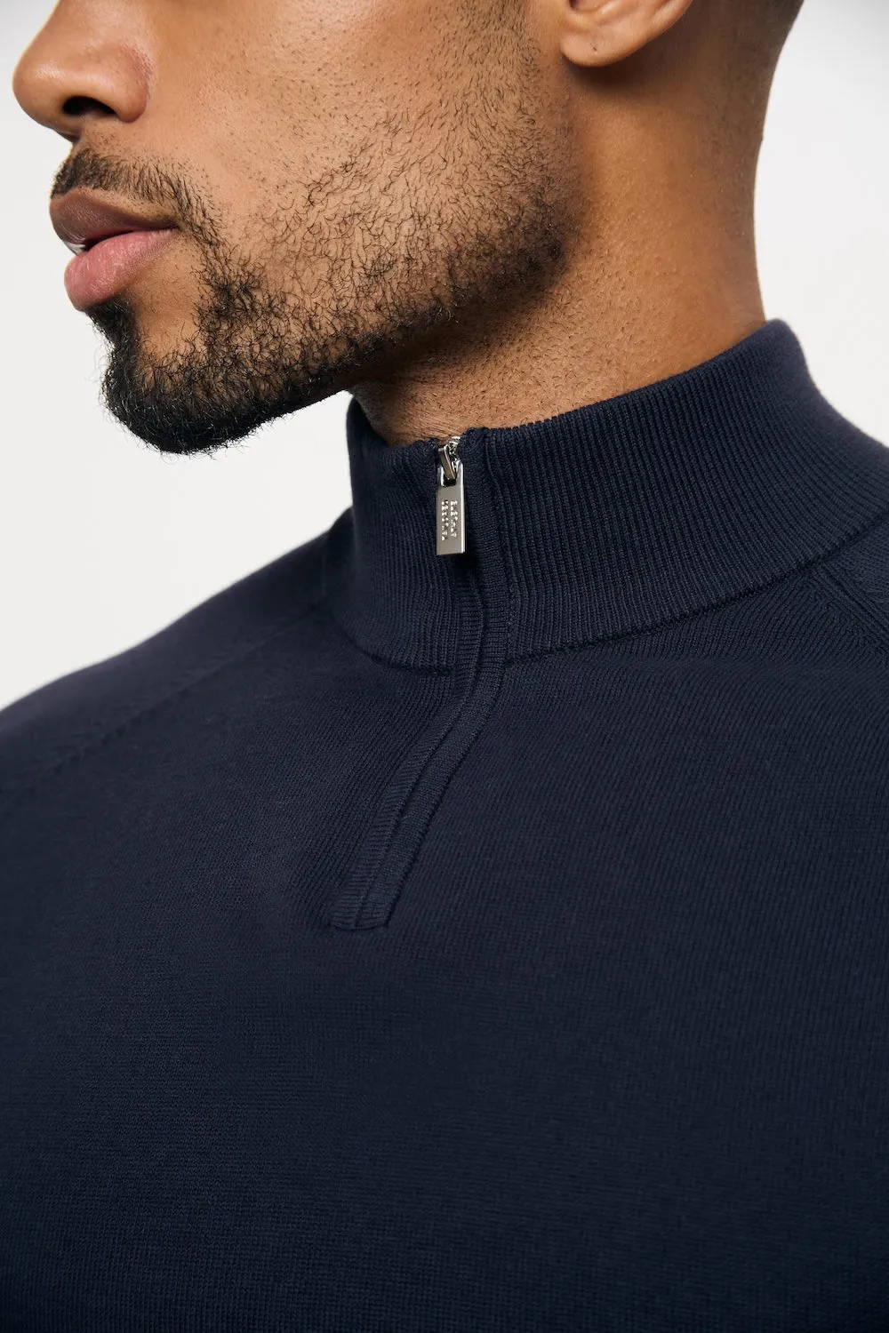 Pure Cotton Knitted Half Zip Neck Sweater in Navy Formal Shirt