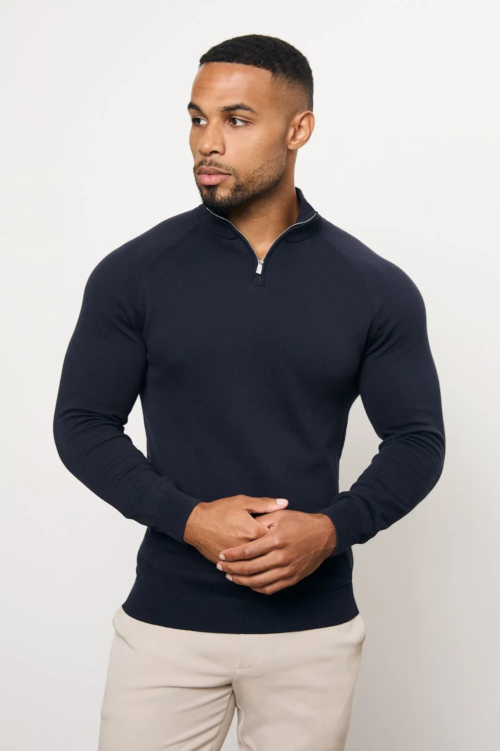 Pure Cotton Knitted Half Zip Neck Sweater in Navy StretchableFabric Comfortable Jacket