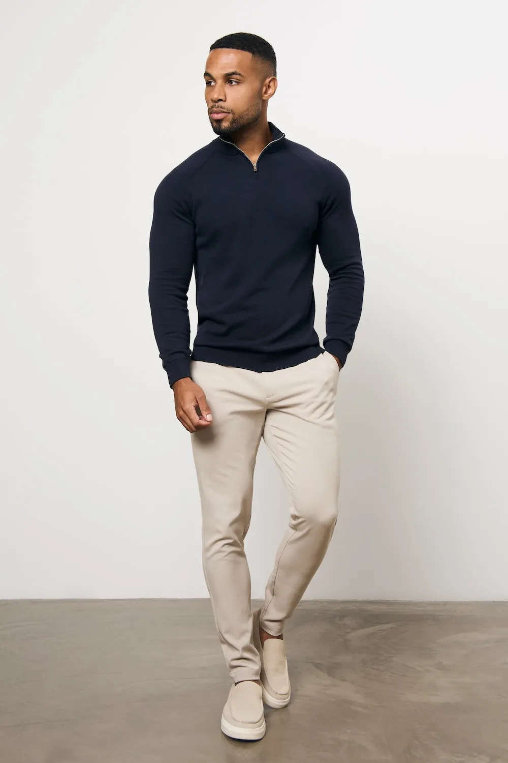 MultiPocket System Comfortable Wear Pure Cotton Knitted Half Zip Neck Sweater in Navy