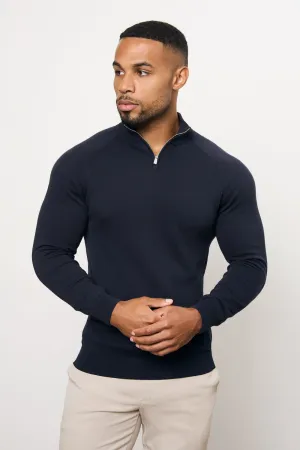 Pure Cotton Knitted Half Zip Neck Sweater in Navy StretchableFabric Comfortable Jacket