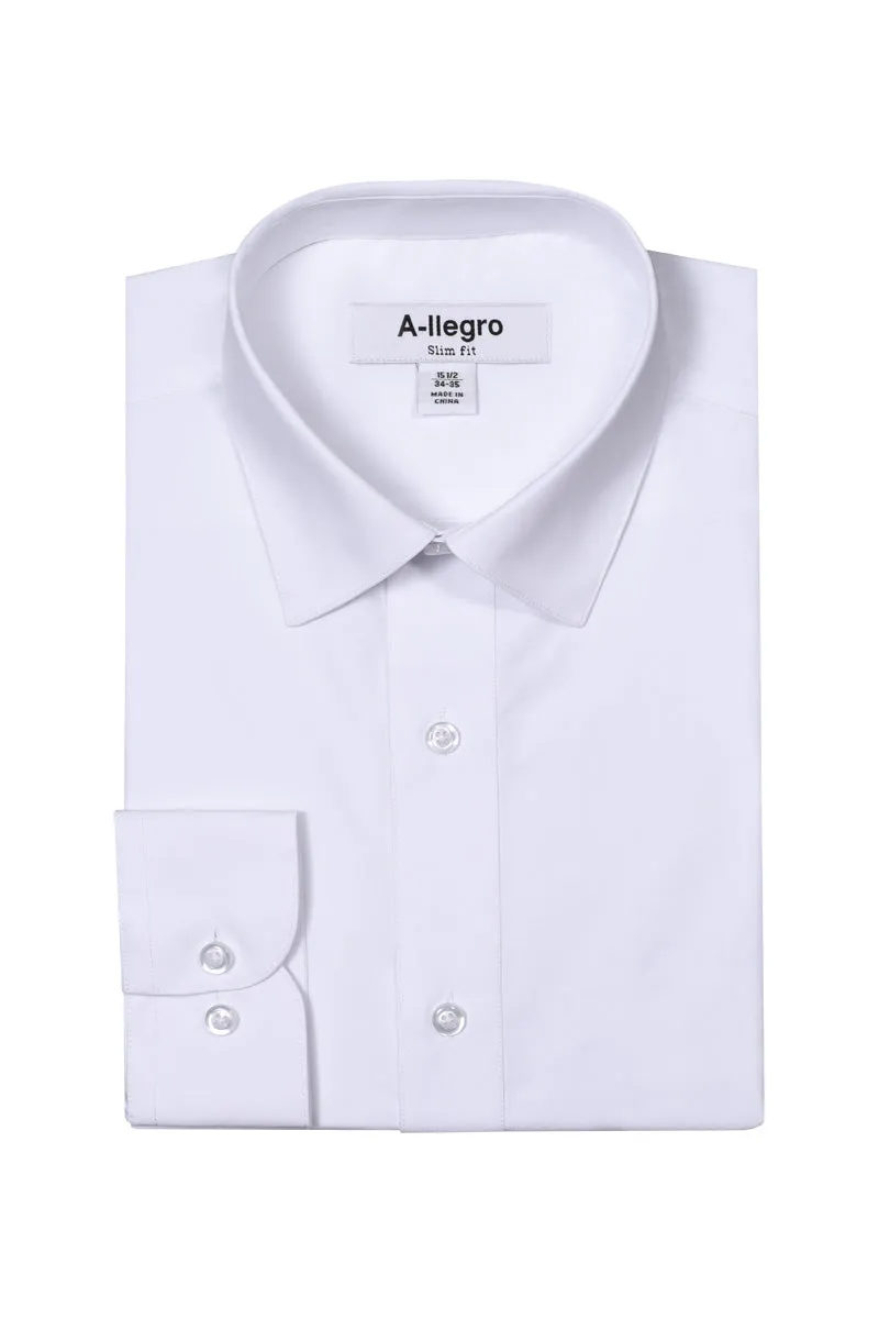 Men's Basic Slim Fit Dress Shirt in White - Full Button Up with Standard Collar Vintage Wash Fitted Shape