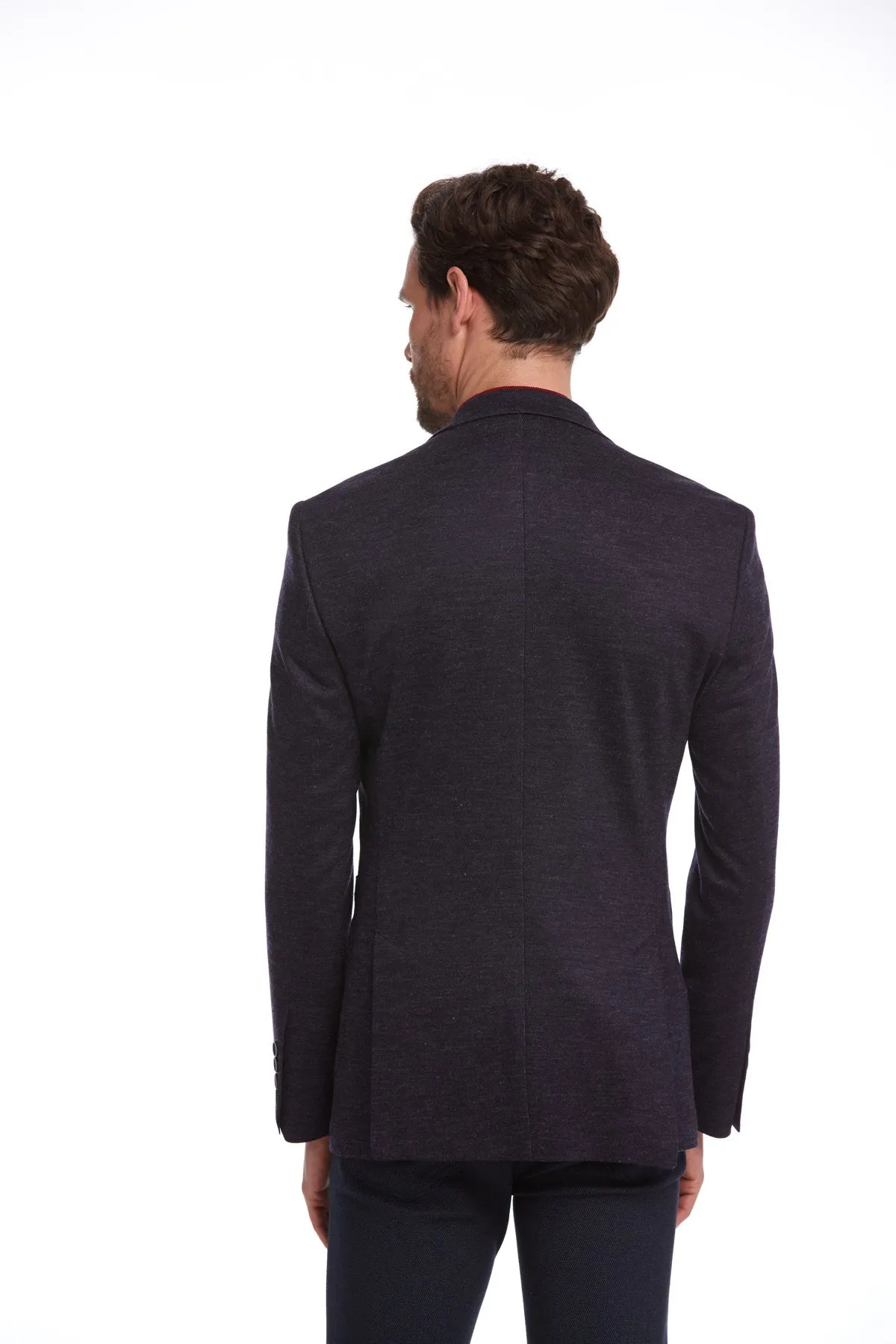 Ventilated Back Slim Fit Notch Lapel Navy Wool Blend Casual Blazer