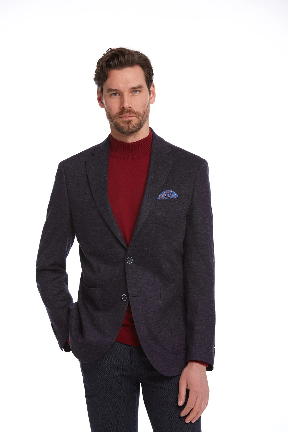TearResistantOuter Slim Fit Notch Lapel Navy Wool Blend Casual Blazer