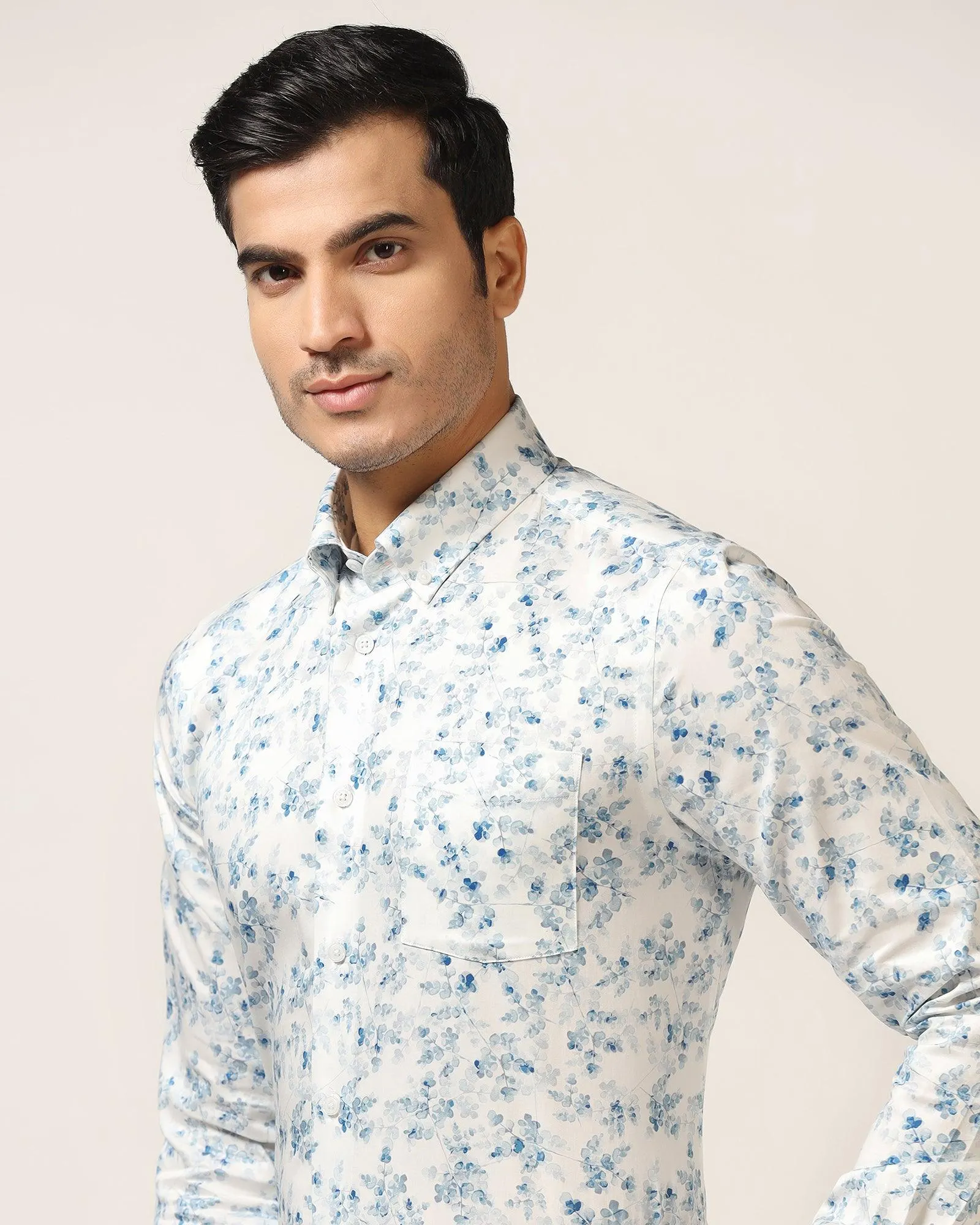 Formal Blue Jacquard Shirt - Botanic Casual Elegance