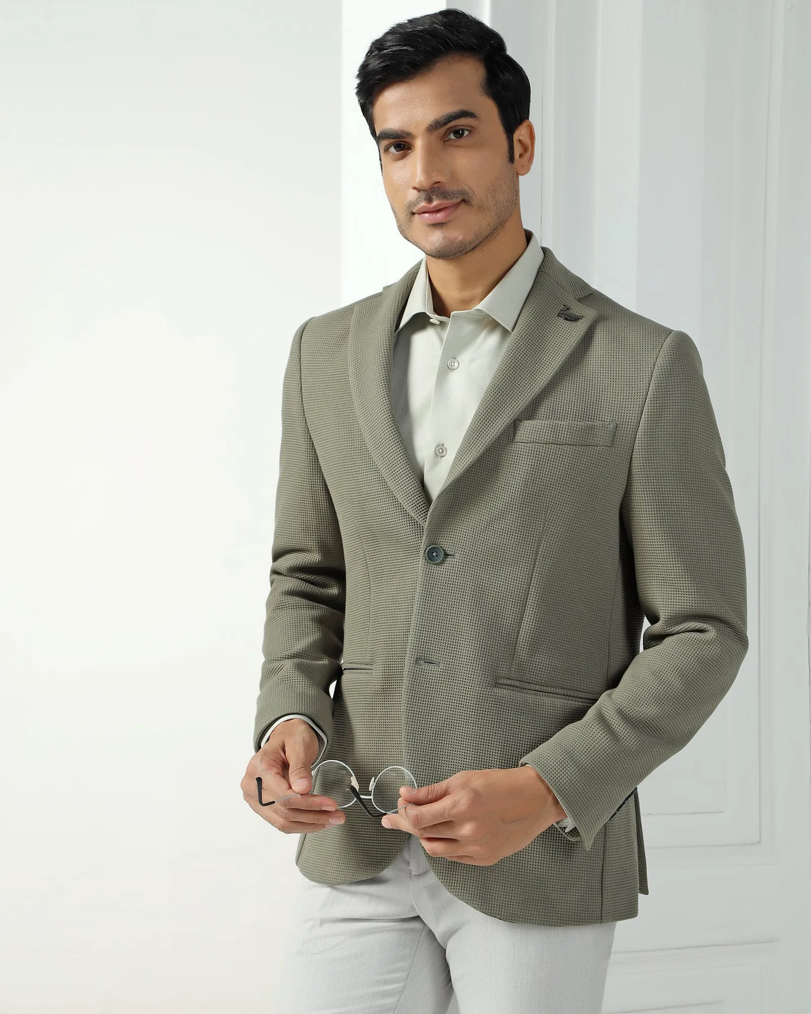 Formal Green Textured Blazer - Belvedere Modular Layering Compatibility Reflective accents