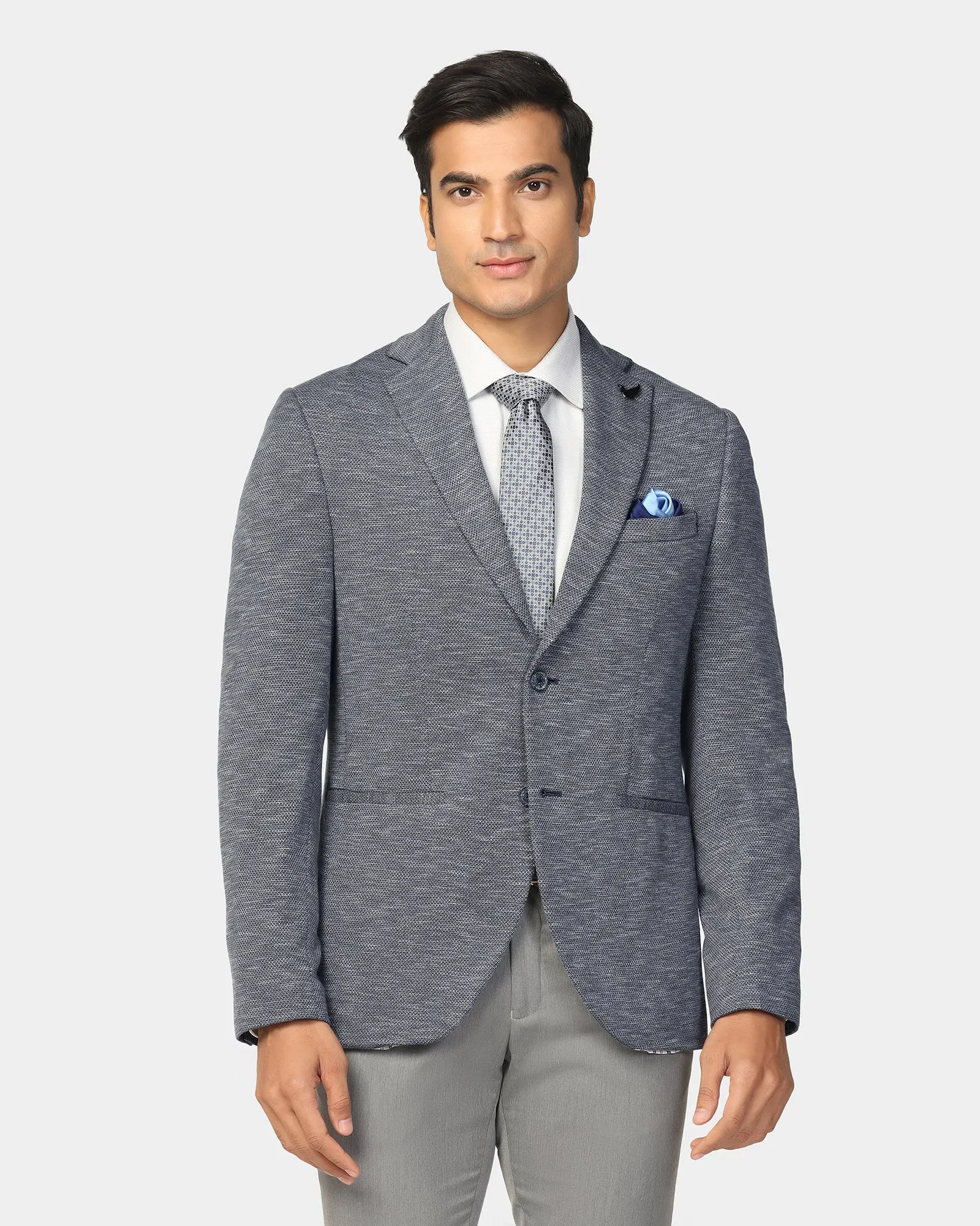 Zippered Pockets Formal Navy Textured Blazer - Jacobs