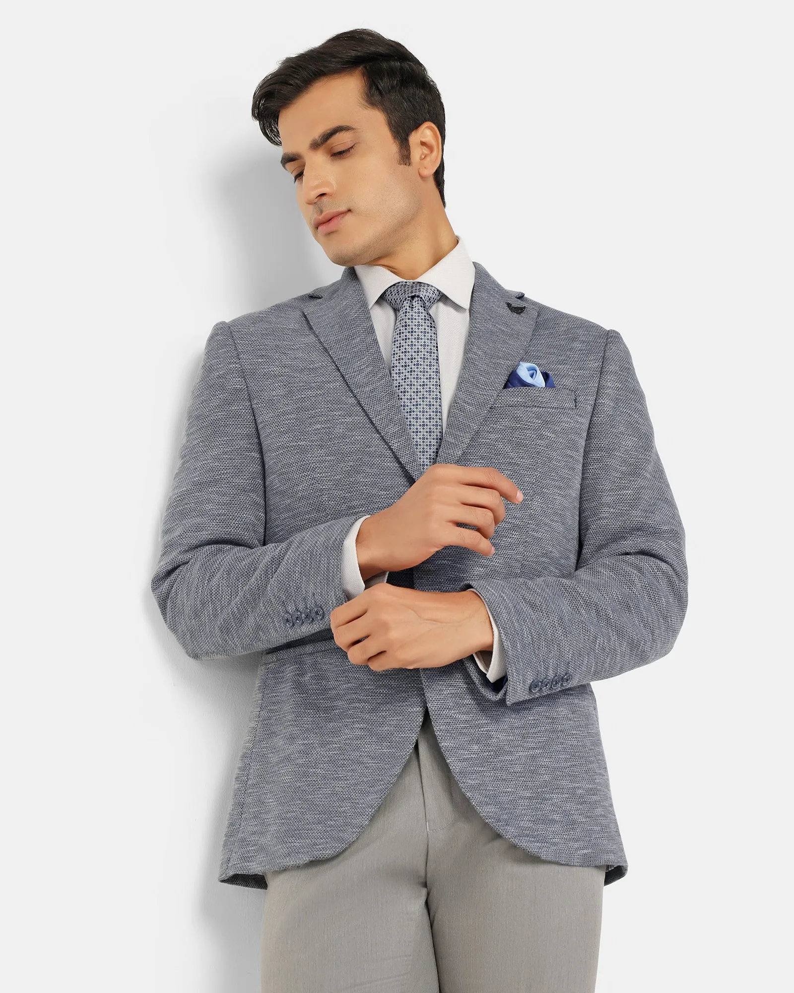 Tailored Cut Style AdjustableDrawstring Formal Navy Textured Blazer - Jacobs