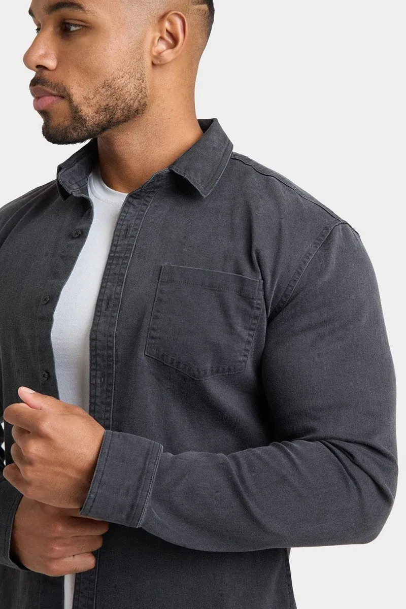 Quick Release Cuffs Summer Fashion Denim Shirt in Dark Grey