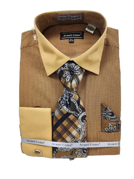 Sustainable fashion vacation wear AVANTI UOMO JQD PATTERN WITH TONE ON TONE COLLAR & CUFF DN130M MUSTARD