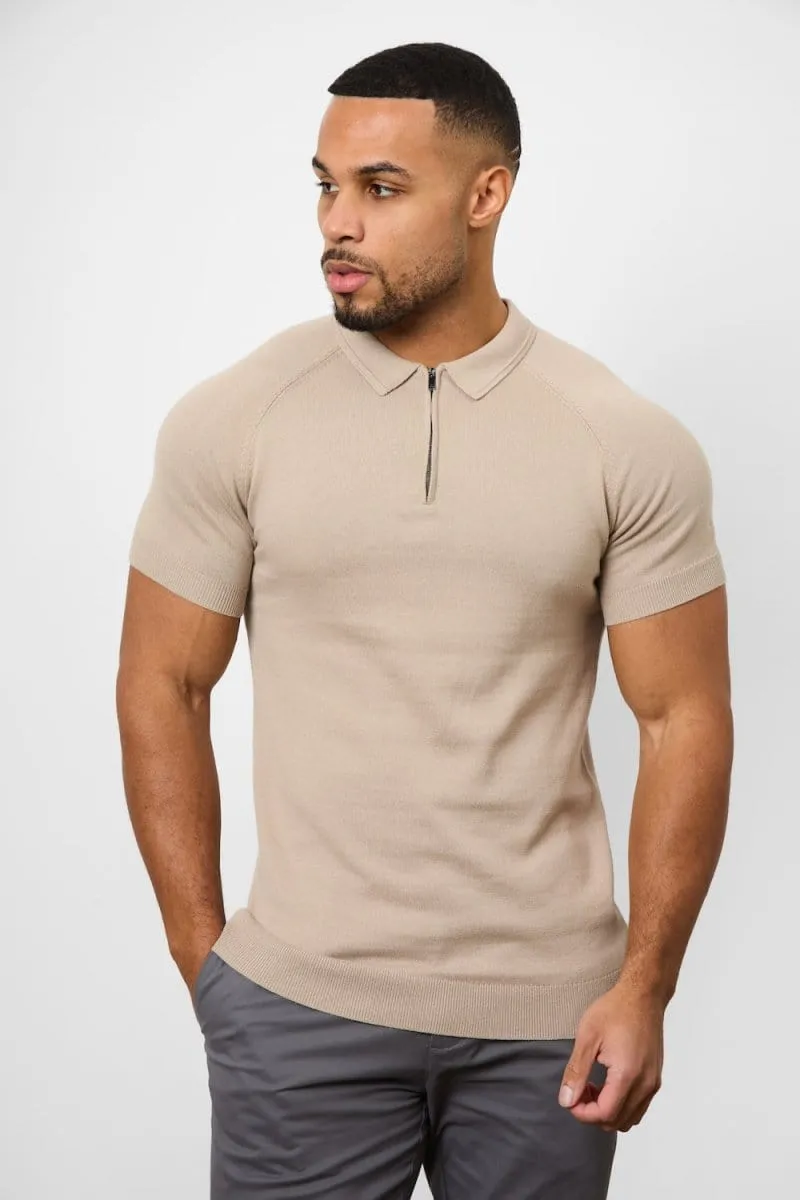 Durable Cotton Colorfast Construction Knitted Zip Polo Shirt in Neutral