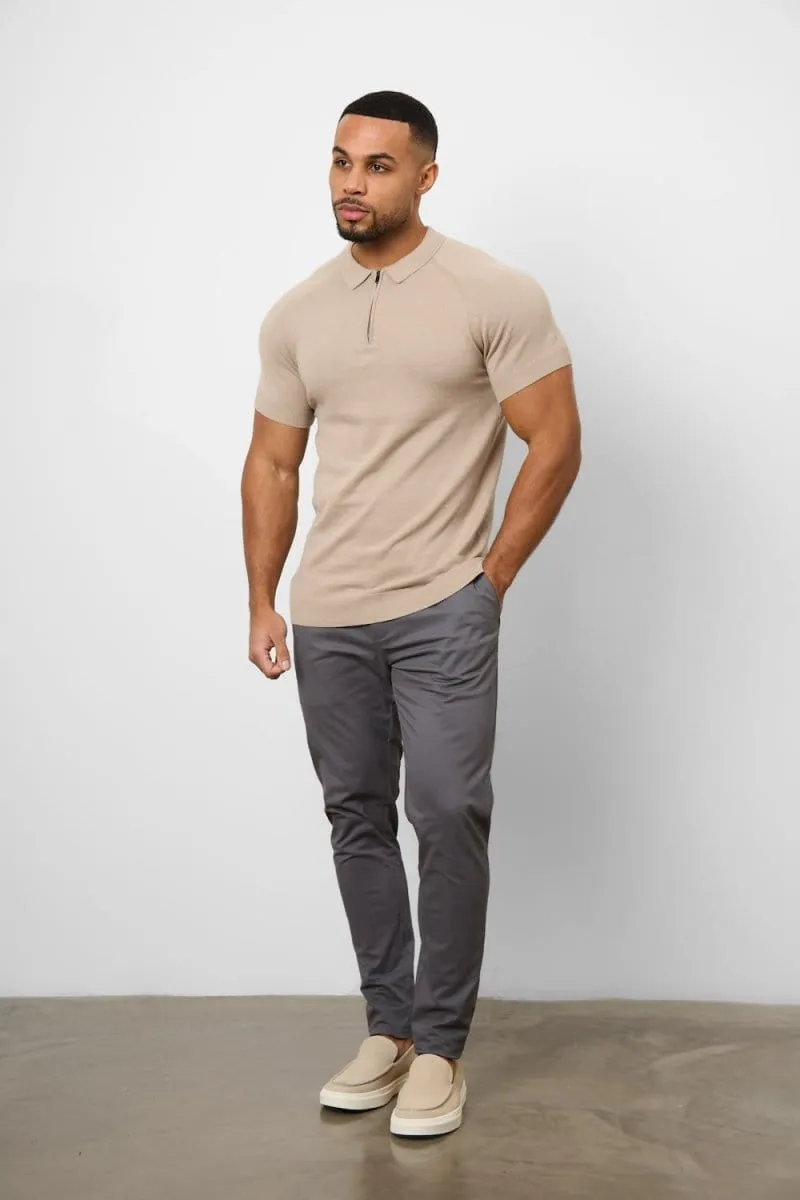 Knitted Zip Polo Shirt in Neutral Modern Casual