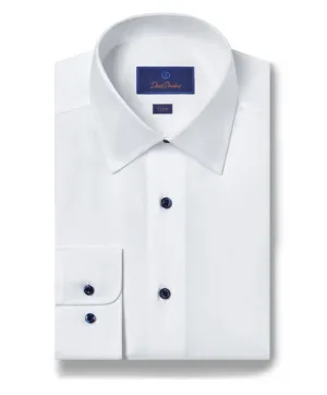 handmade touch Low Profile Pocket Design David Donahue Trim Fit Super Fine Twill Dress Shirt in White with Navy Button