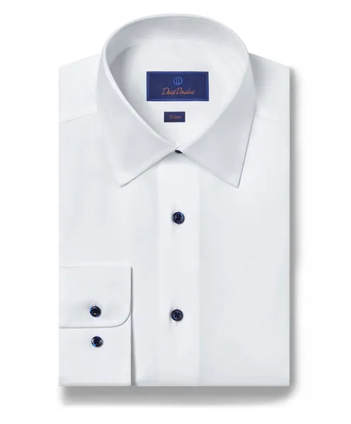 Edgy style David Donahue Trim Fit Super Fine Twill Dress Shirt in White with Navy Button