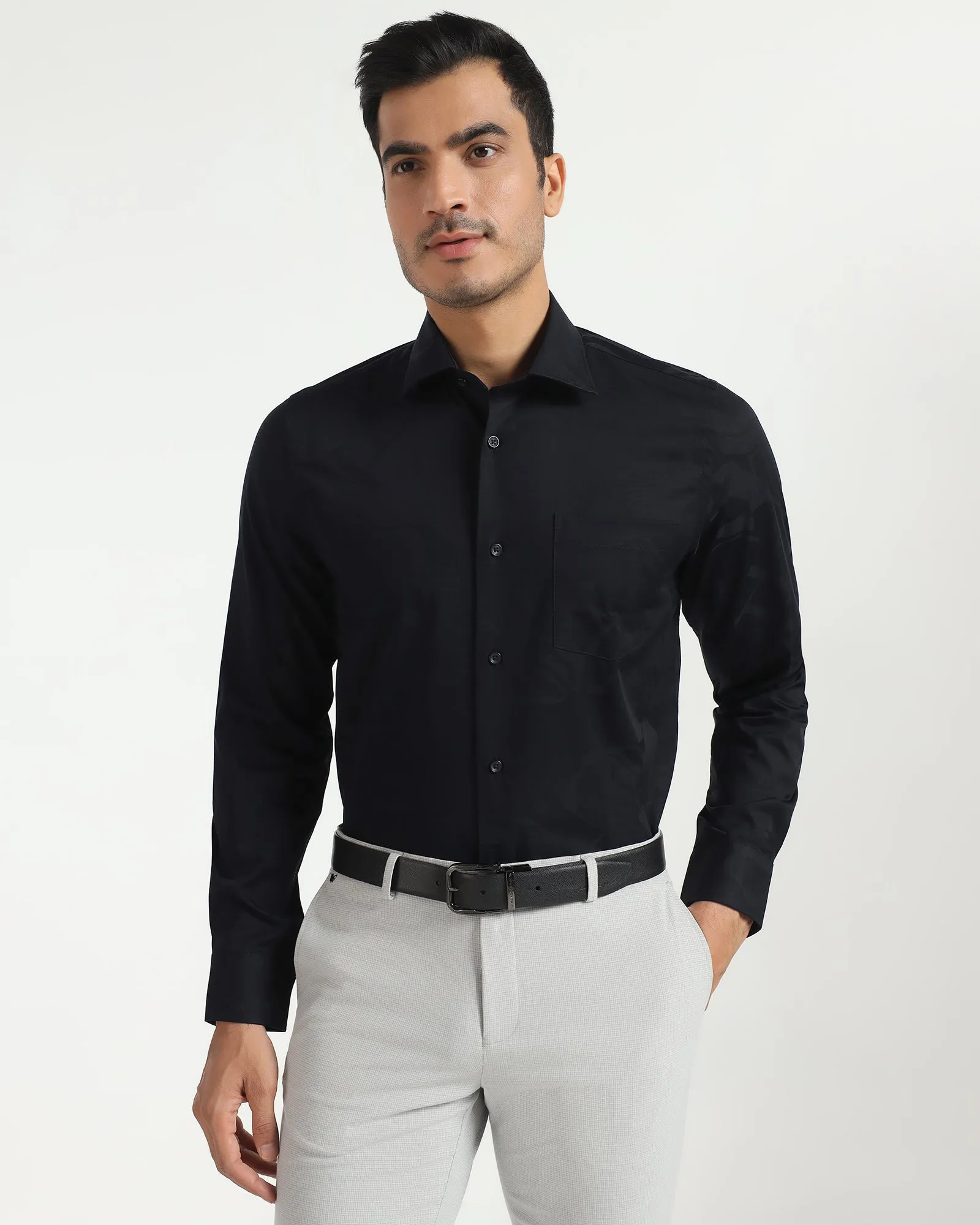 Formal Navy Jacquard Shirt - Rowan Ethical production Zip Front