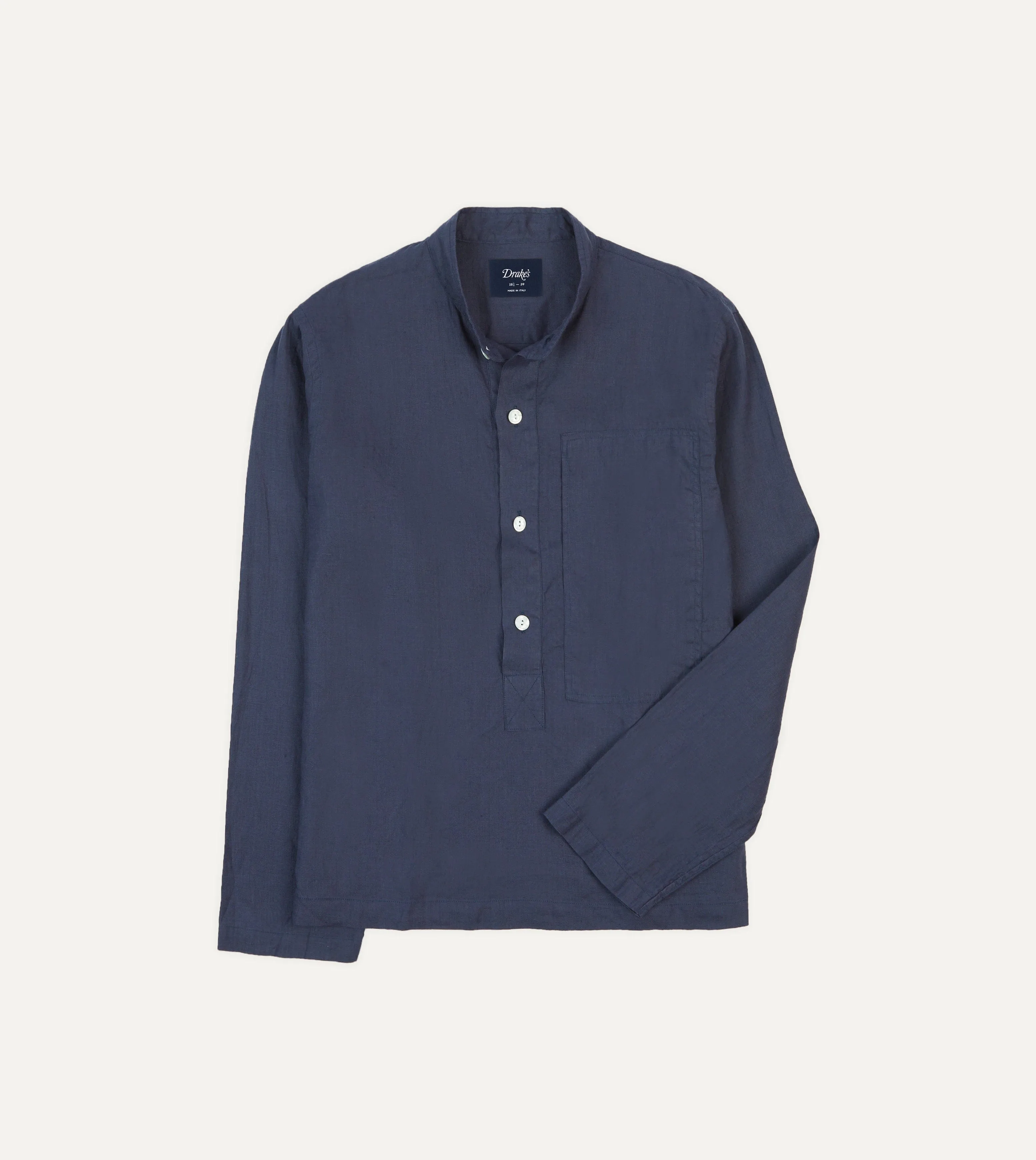 Navy Linen Mandarin Collar Popover Shirt Non-Iron Bold colors