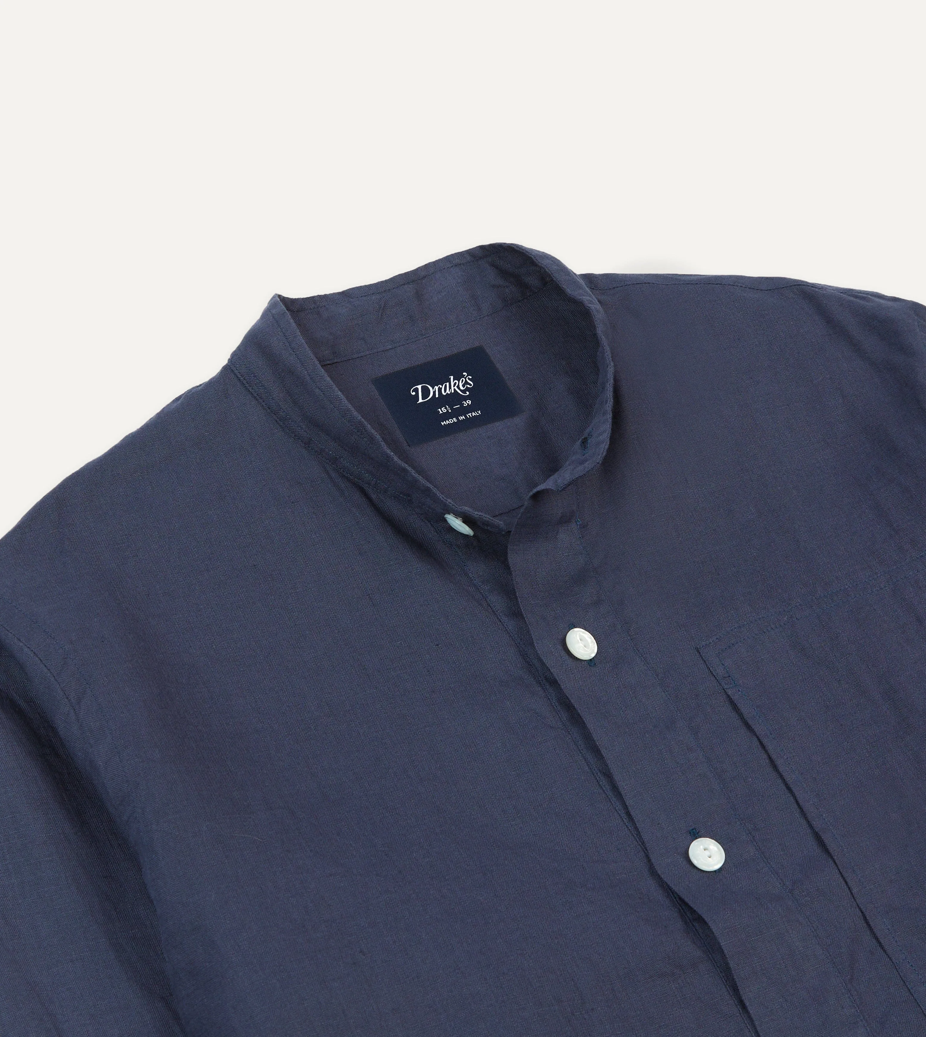 Navy Linen Mandarin Collar Popover Shirt Modern Aesthetic Ergonomic Sleeve Cut