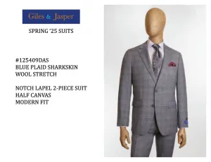 Giles & Jasper Super 100's wool Suit in Blue Plaid Sharkskin Light Diffusing Fabric