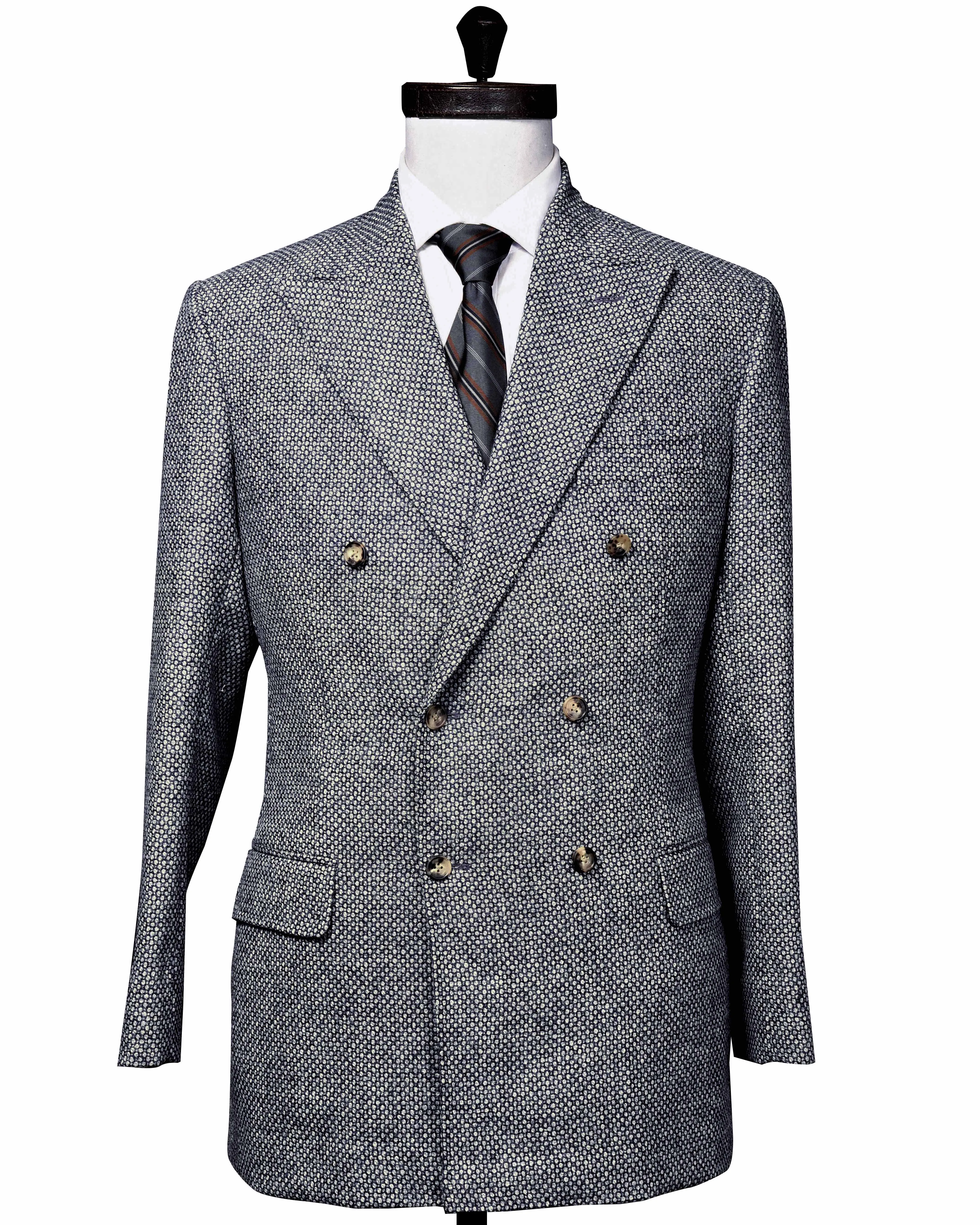 Dugdale Light Grey & Blue Tweed  Double Breasted Jacket Seamless Shoulder Construction Wind Resistant Fabric