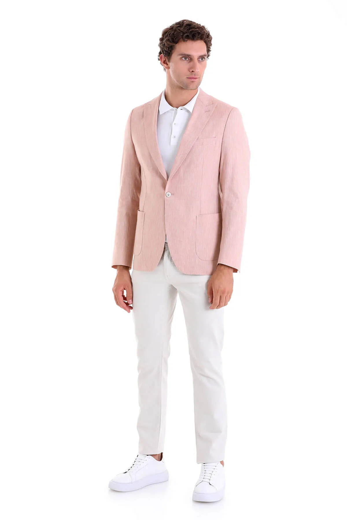 Elasticized Edging Slim Fit Brick Peak Lapel Linen Casual Blazer