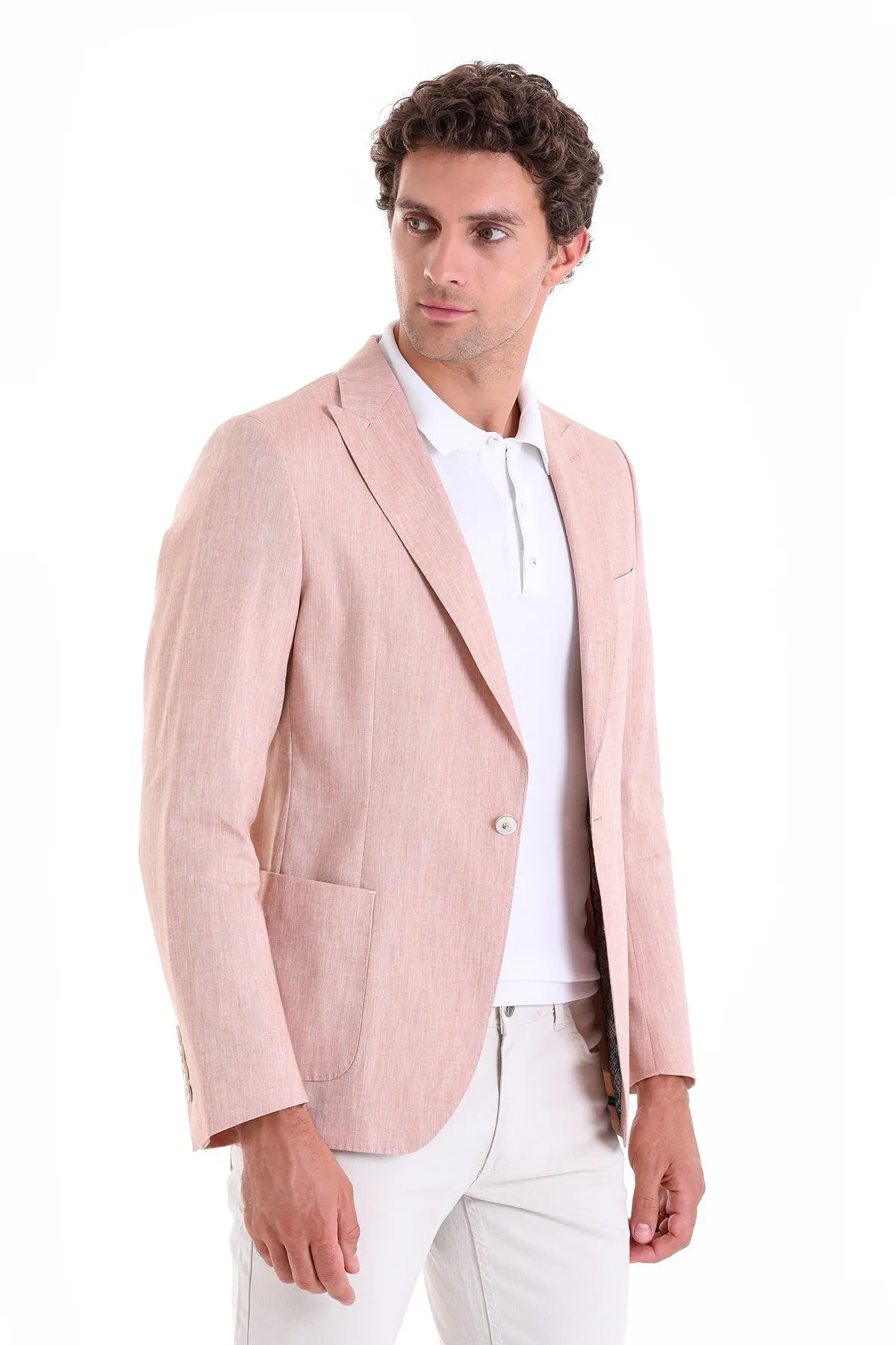 Slim Fit Brick Peak Lapel Linen Casual Blazer Matte Surface Texture