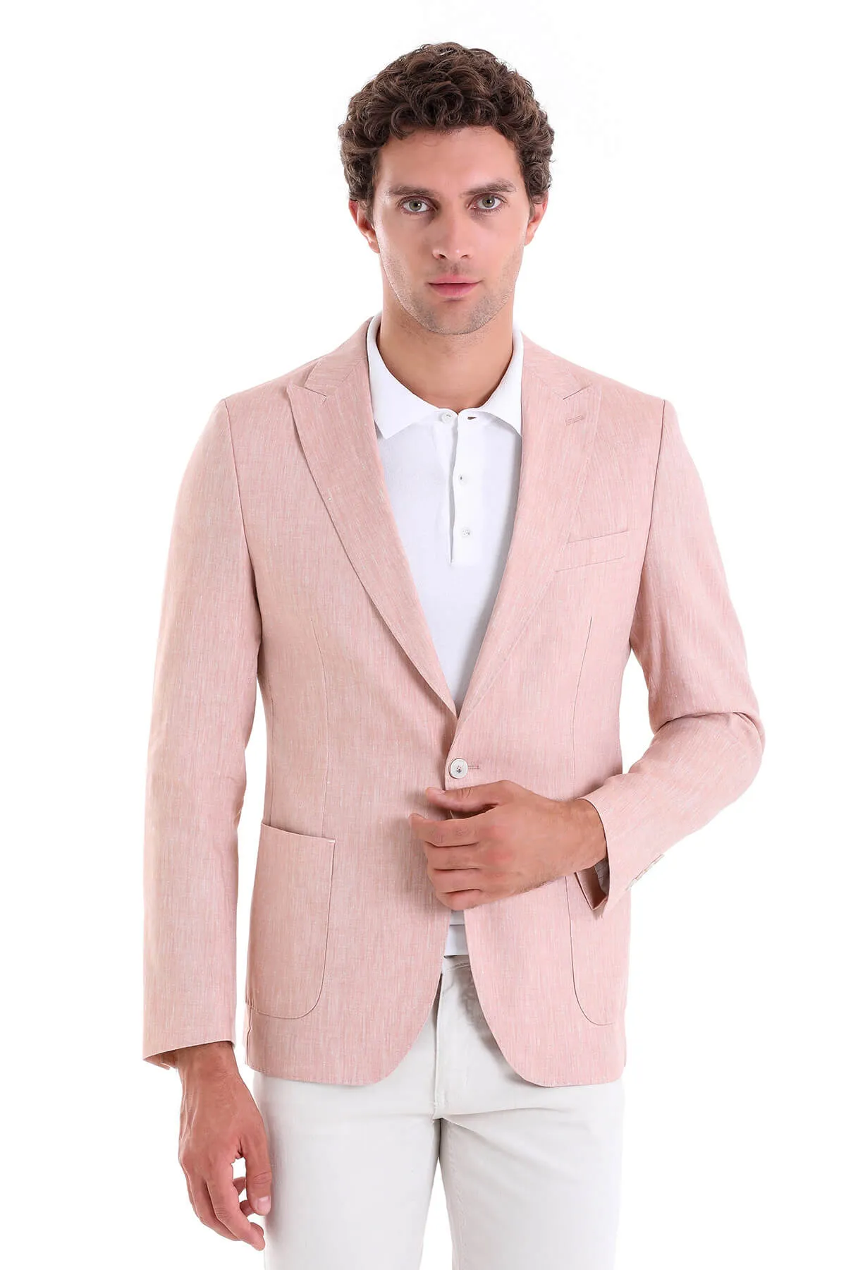 Slim Fit Brick Peak Lapel Linen Casual Blazer Fray Resistant Edges Articulated Sleeves