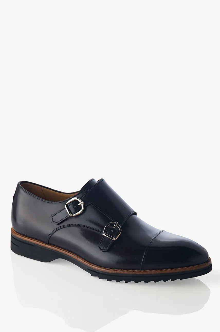 Anti Slip Outsole Autumn Tone David August Leather Double Buckle Monk-Strap Shoes in Dark Black Nero Fondente