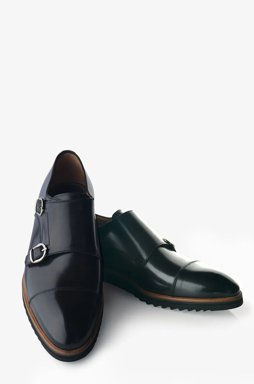 slow walk water proof David August Leather Double Buckle Monk-Strap Shoes in Dark Black Nero Fondente
