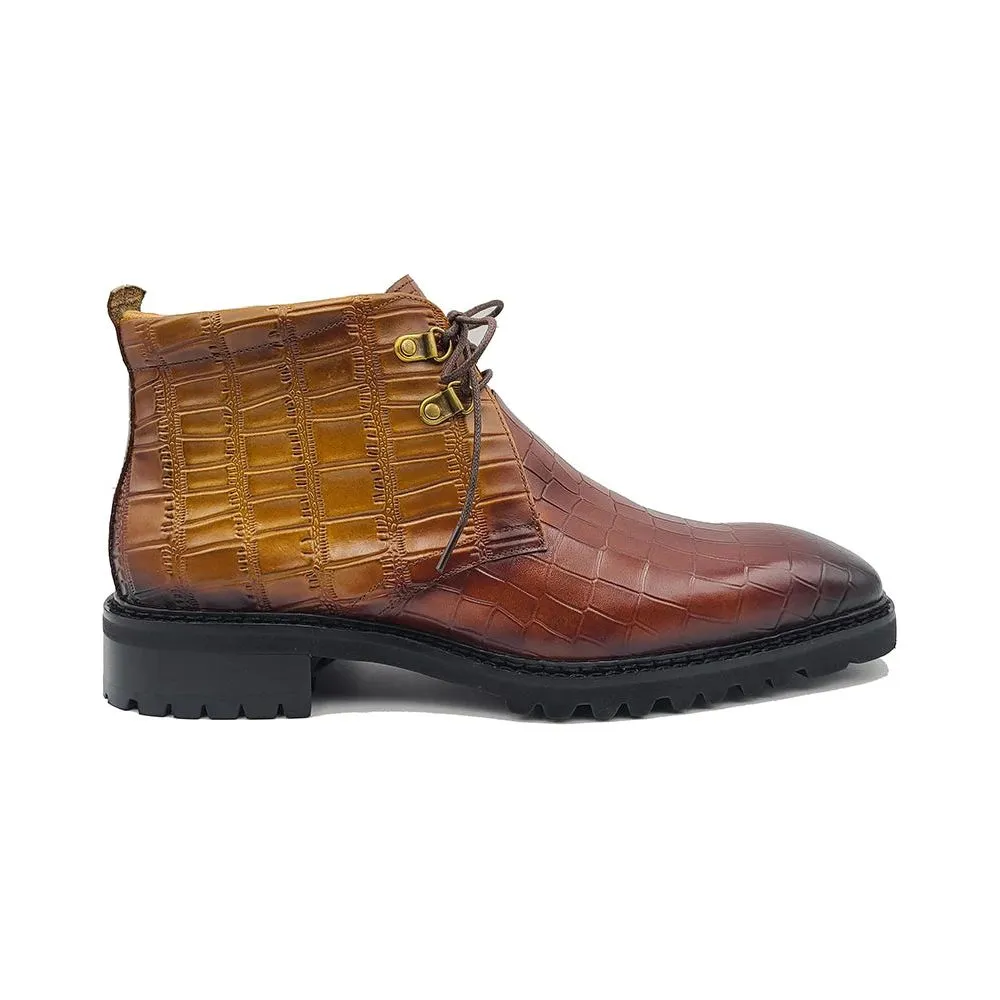 Carrucci Alligator Embossed Whiskey Cognac Leather Chukka Boot Comfortable to walk