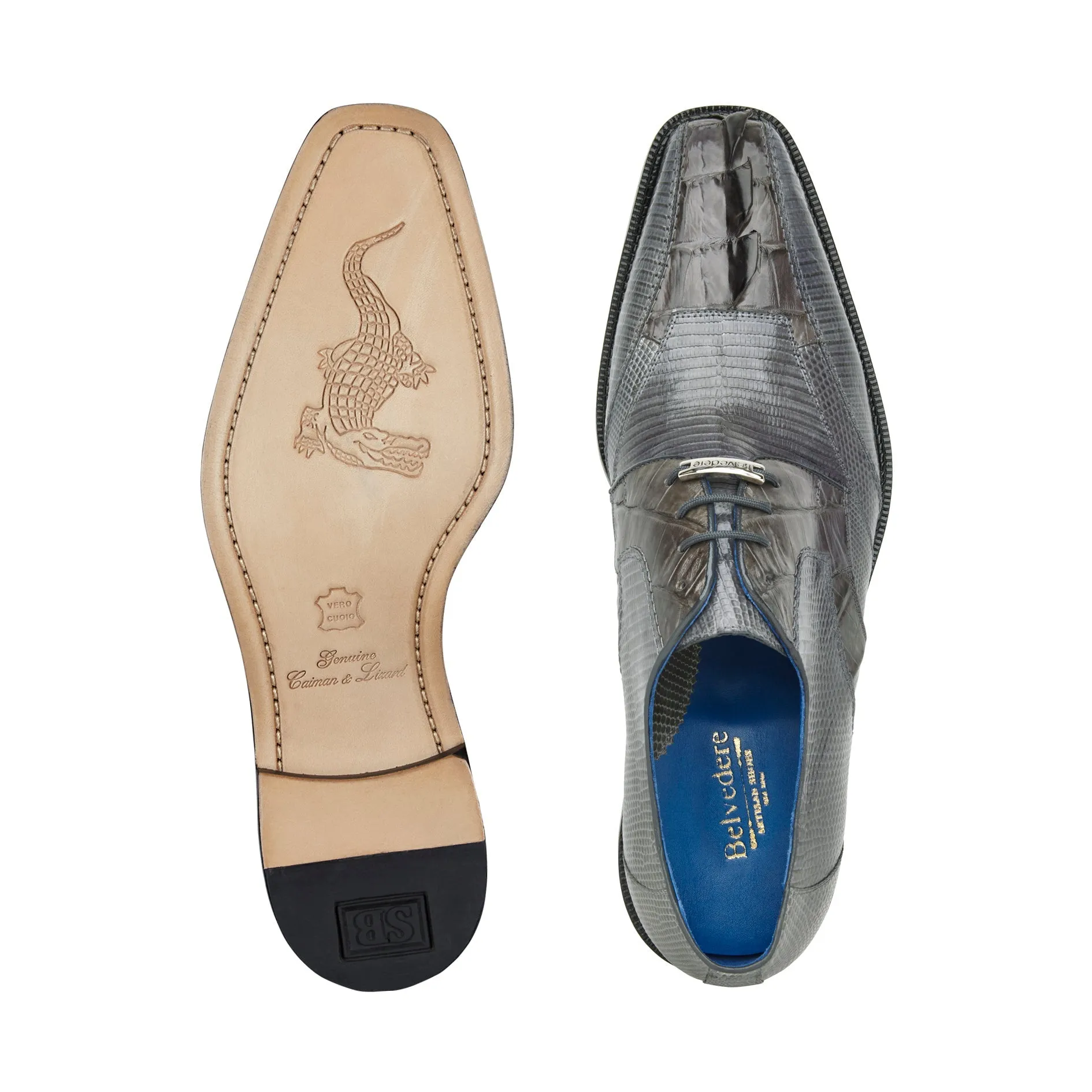 Elastic laces Belvedere - Valter, Genuine Caiman Crocodile and Lizard Dress Shoe - Gray - 1480 (IN STORE)