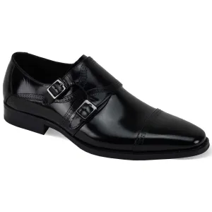 Giovani Black Leather Monk Strap Shoes Polish Trim Decorative Stitch