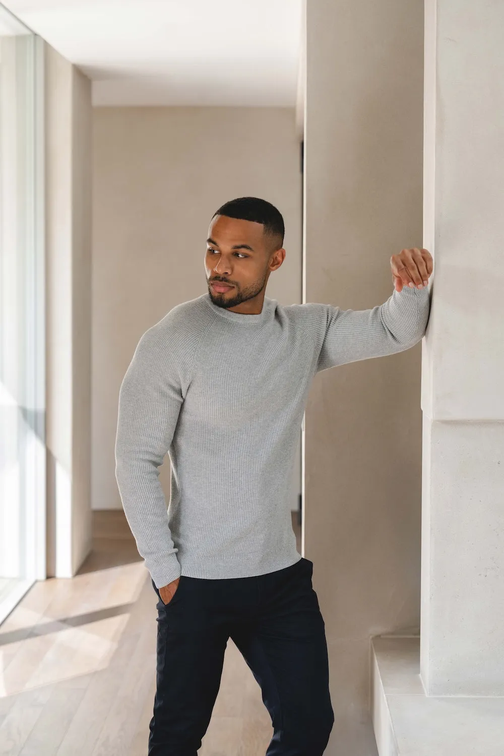 Pure Cotton Knitted Textured Crew Neck Sweater in Silver Grey Marl All-Day Fit