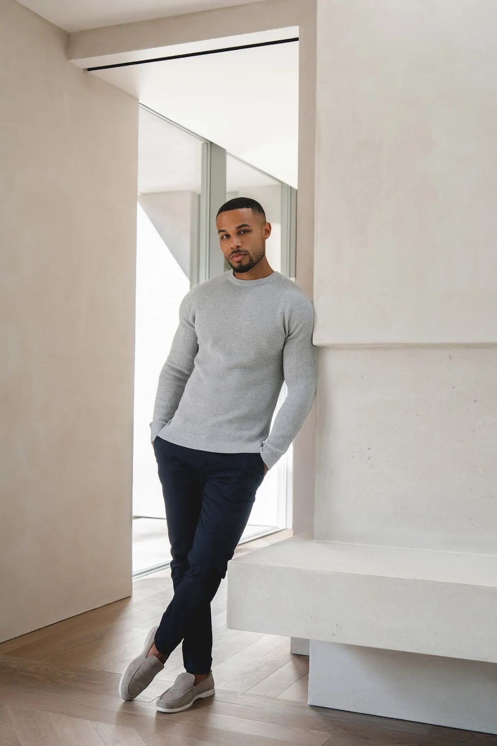 Pure Cotton Knitted Textured Crew Neck Sweater in Silver Grey Marl Street Sport NoSlipTrims