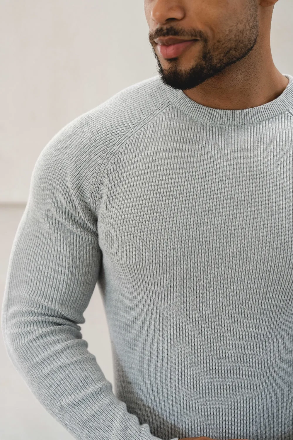 Pure Cotton Knitted Textured Crew Neck Sweater in Silver Grey Marl Poise Fit